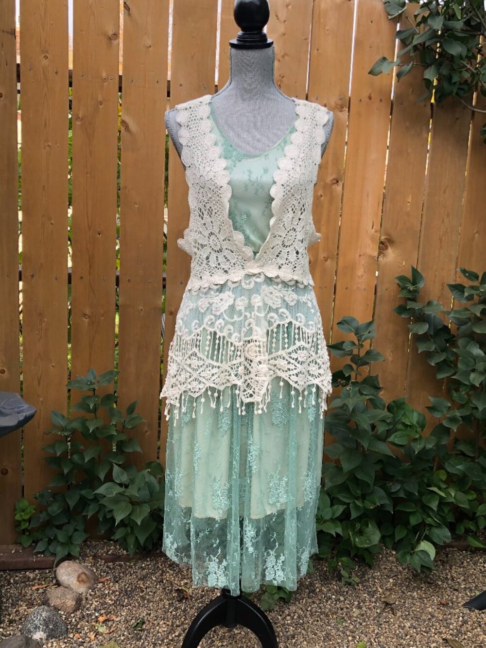 CottageCore Boho Anna-Kaci Whimsical Gatsby Crochet Vest Flowy Lace Dress Set